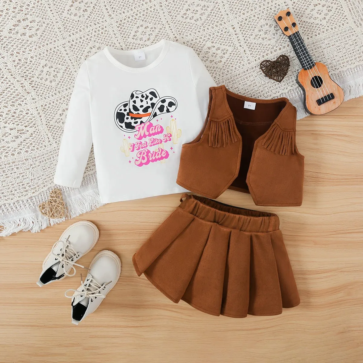 4pc Toddler Girl's Tassel Letter Suit Cowboy Dress Set with Belt and Vest