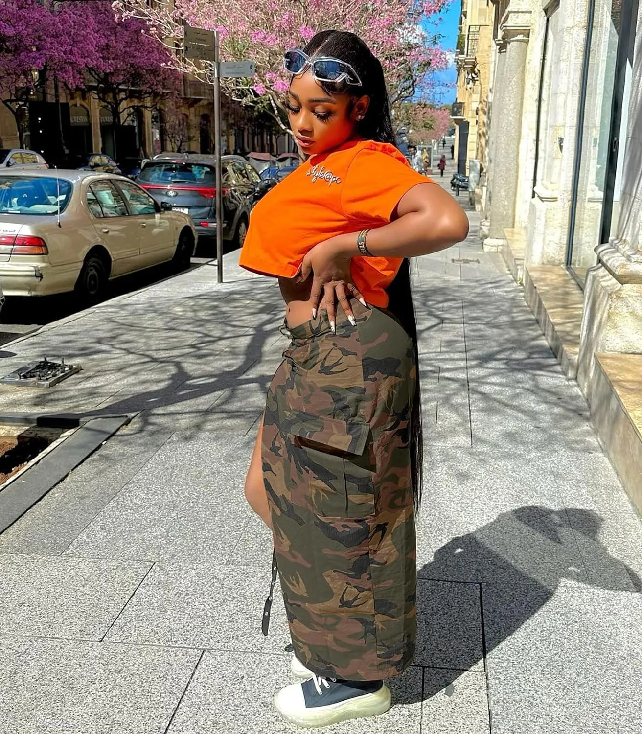 Angsuttc Cargo Skirt for Women Camo Skirts High Slit Button Maxi Skirt with Pockets