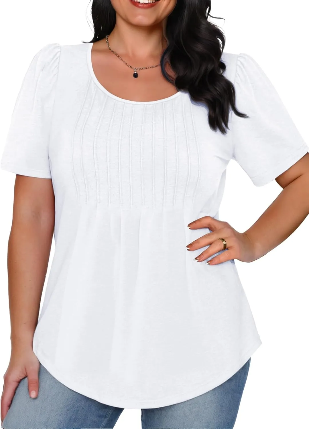 AURUZA Womens T Shirts, Short Sleeve Tops Dressy Casual Pleated Summer Shirts Scoop Neck Tshirts Tunic Tops Fashion