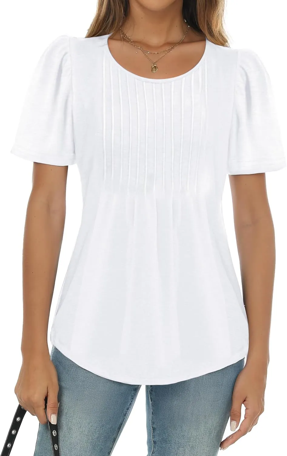 AURUZA Womens T Shirts, Short Sleeve Tops Dressy Casual Pleated Summer Shirts Scoop Neck Tshirts Tunic Tops Fashion