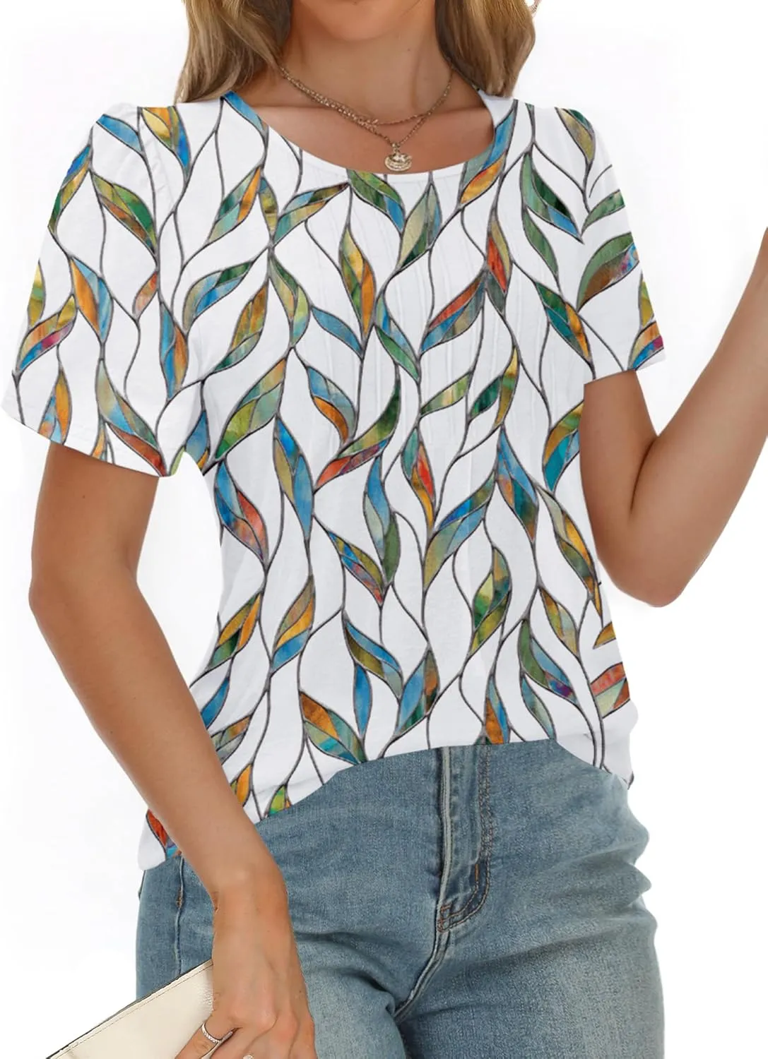 AURUZA Womens T Shirts, Short Sleeve Tops Dressy Casual Pleated Summer Shirts Scoop Neck Tshirts Tunic Tops Fashion