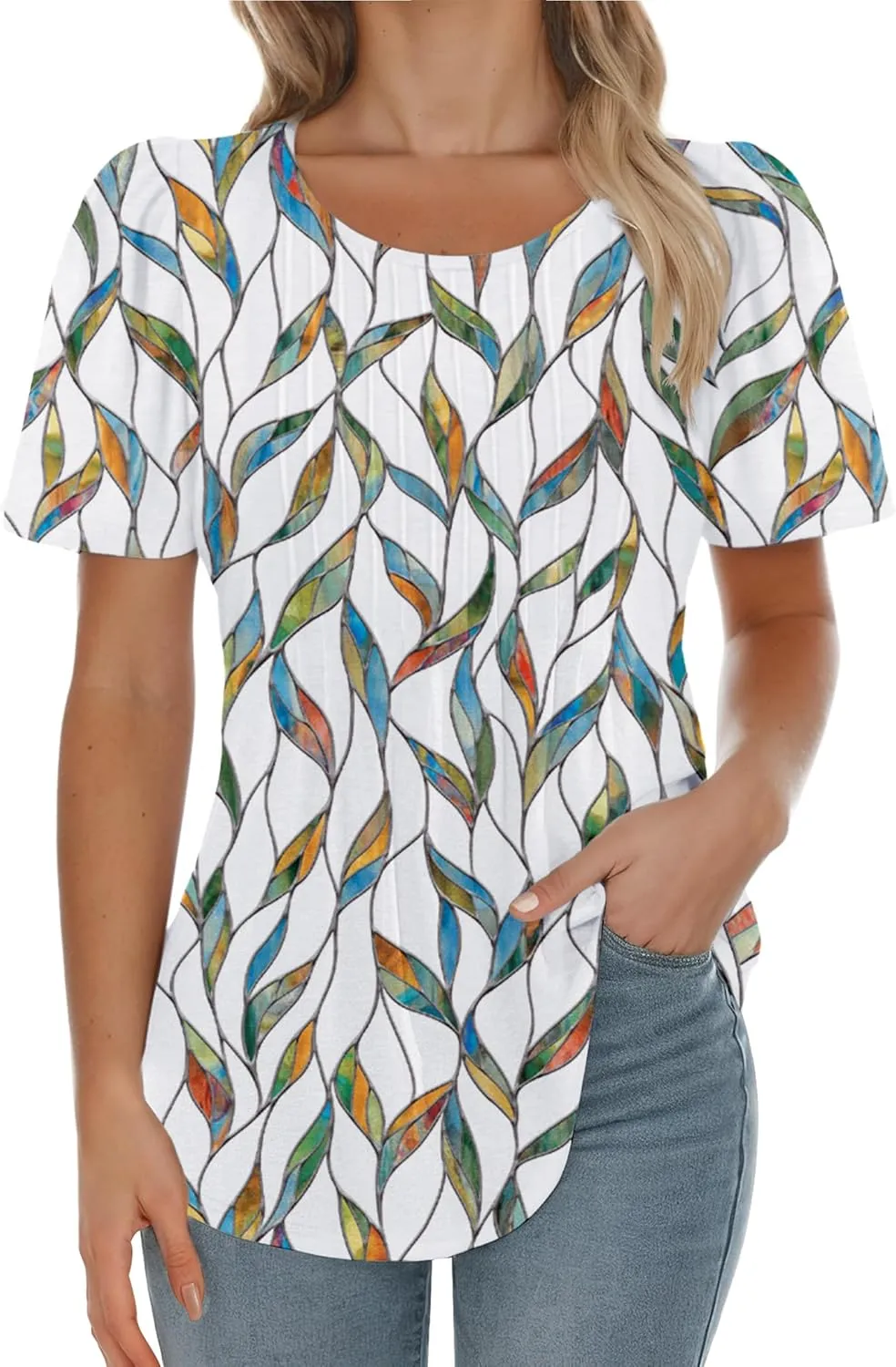 AURUZA Womens T Shirts, Short Sleeve Tops Dressy Casual Pleated Summer Shirts Scoop Neck Tshirts Tunic Tops Fashion