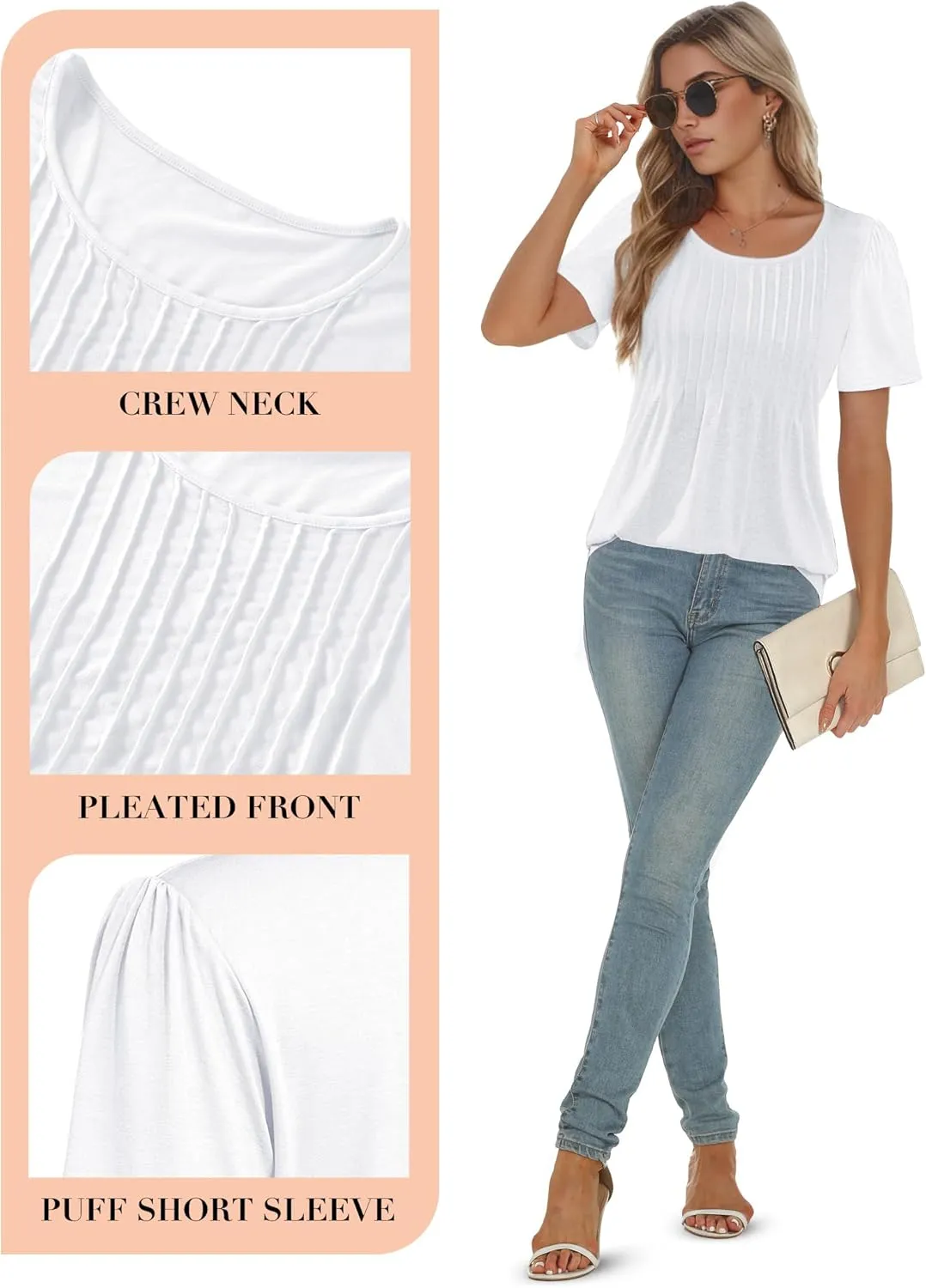 AURUZA Womens T Shirts, Short Sleeve Tops Dressy Casual Pleated Summer Shirts Scoop Neck Tshirts Tunic Tops Fashion