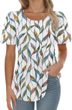 AURUZA Womens T Shirts, Short Sleeve Tops Dressy Casual Pleated Summer Shirts Scoop Neck Tshirts Tunic Tops Fashion
