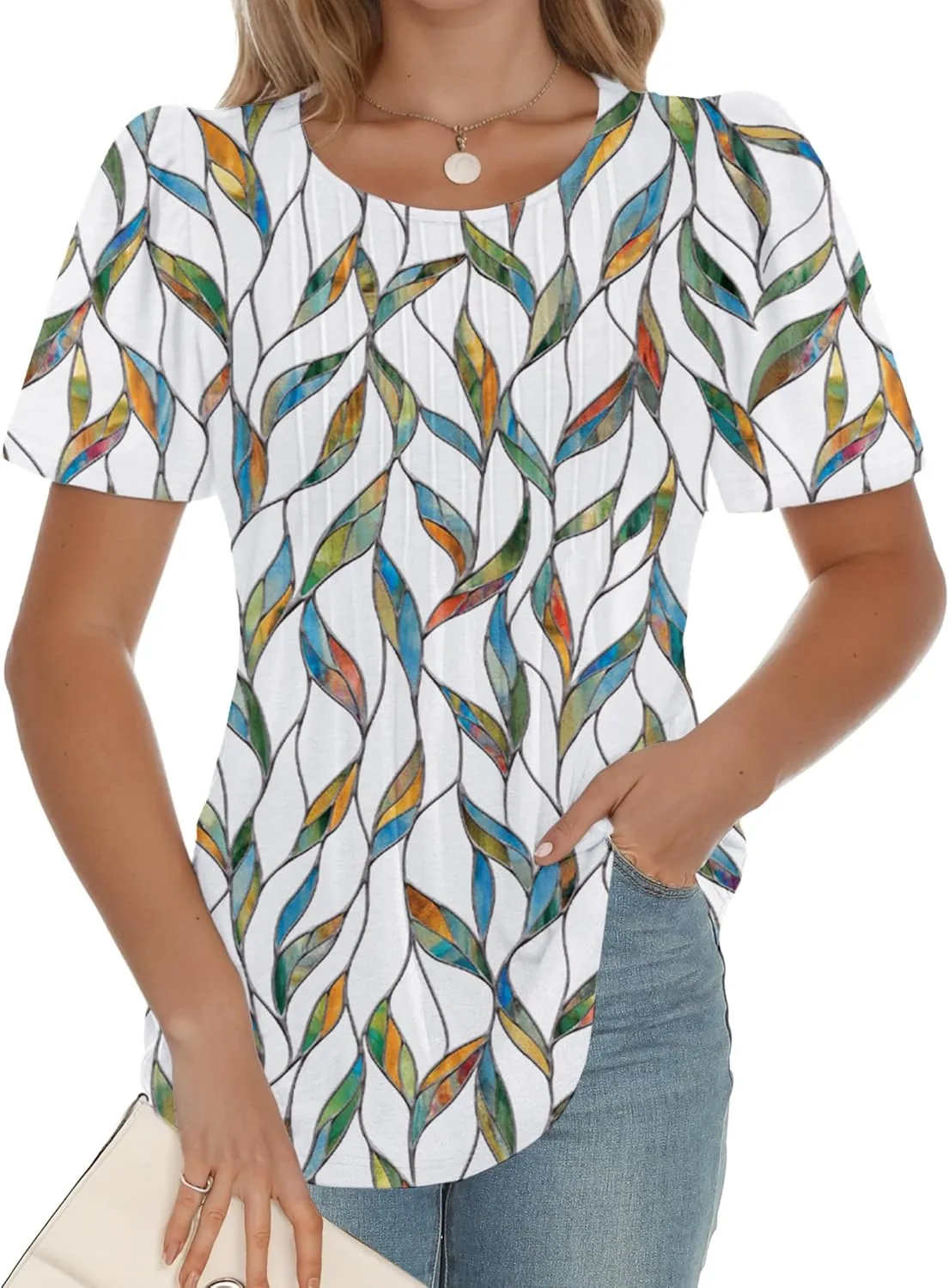 AURUZA Womens T Shirts, Short Sleeve Tops Dressy Casual Pleated Summer Shirts Scoop Neck Tshirts Tunic Tops Fashion