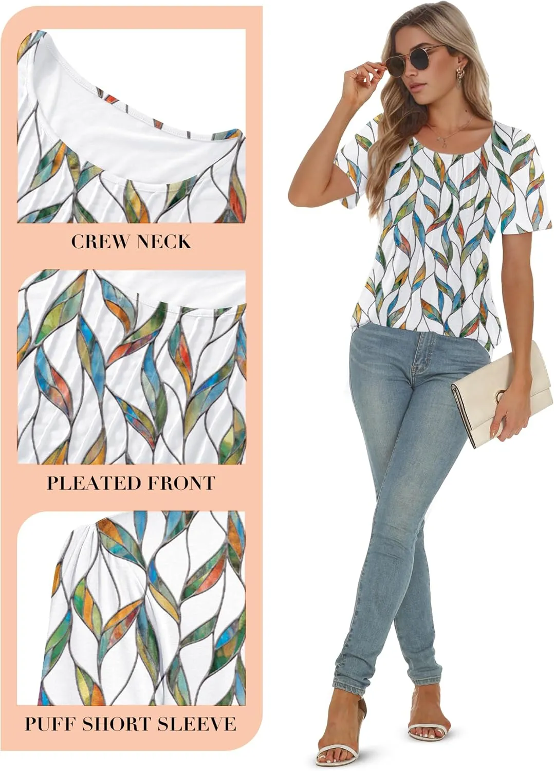 AURUZA Womens T Shirts, Short Sleeve Tops Dressy Casual Pleated Summer Shirts Scoop Neck Tshirts Tunic Tops Fashion