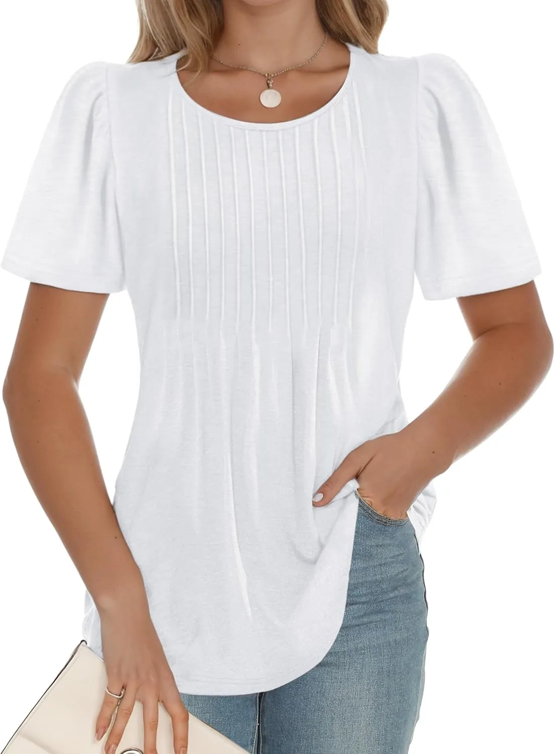 AURUZA Womens T Shirts, Short Sleeve Tops Dressy Casual Pleated Summer Shirts Scoop Neck Tshirts Tunic Tops Fashion