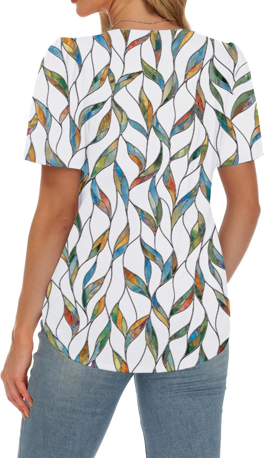 AURUZA Womens T Shirts, Short Sleeve Tops Dressy Casual Pleated Summer Shirts Scoop Neck Tshirts Tunic Tops Fashion