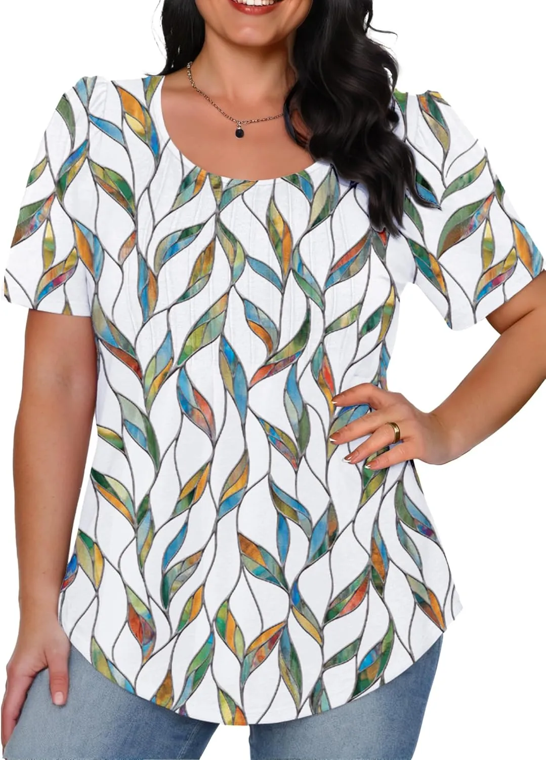 AURUZA Womens T Shirts, Short Sleeve Tops Dressy Casual Pleated Summer Shirts Scoop Neck Tshirts Tunic Tops Fashion