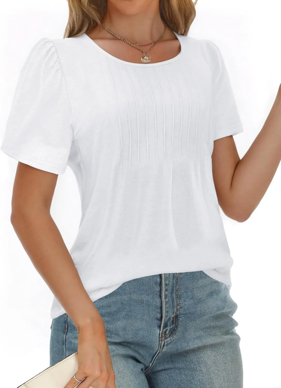 AURUZA Womens T Shirts, Short Sleeve Tops Dressy Casual Pleated Summer Shirts Scoop Neck Tshirts Tunic Tops Fashion