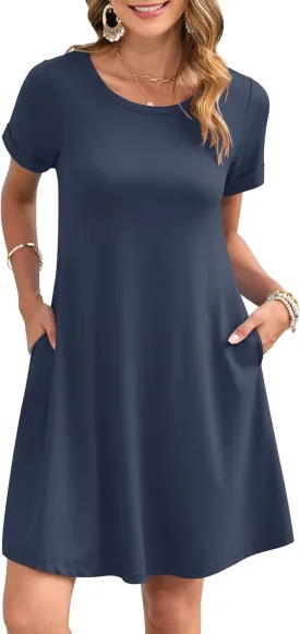 AUSELILY Women's Summer Casual Dresses 2025 Short Sleeve Swing Beach Floral T-Shirt Dress with Pockets