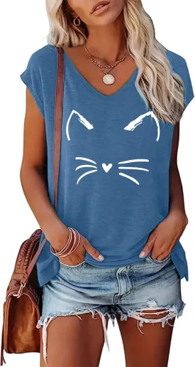 BLACKOO Women's Cat Face Graphic V-Neck T-Shirt Cap Sleeve Tops