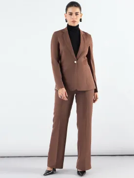 Brown Poly Viscose Notched Lapel Blazer With High-Waist Trouser
