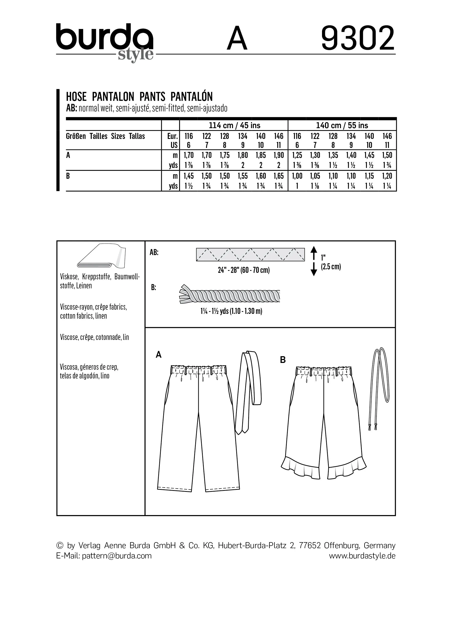 Burda Pattern 9302 Children's Pull-on Pants (6-11)