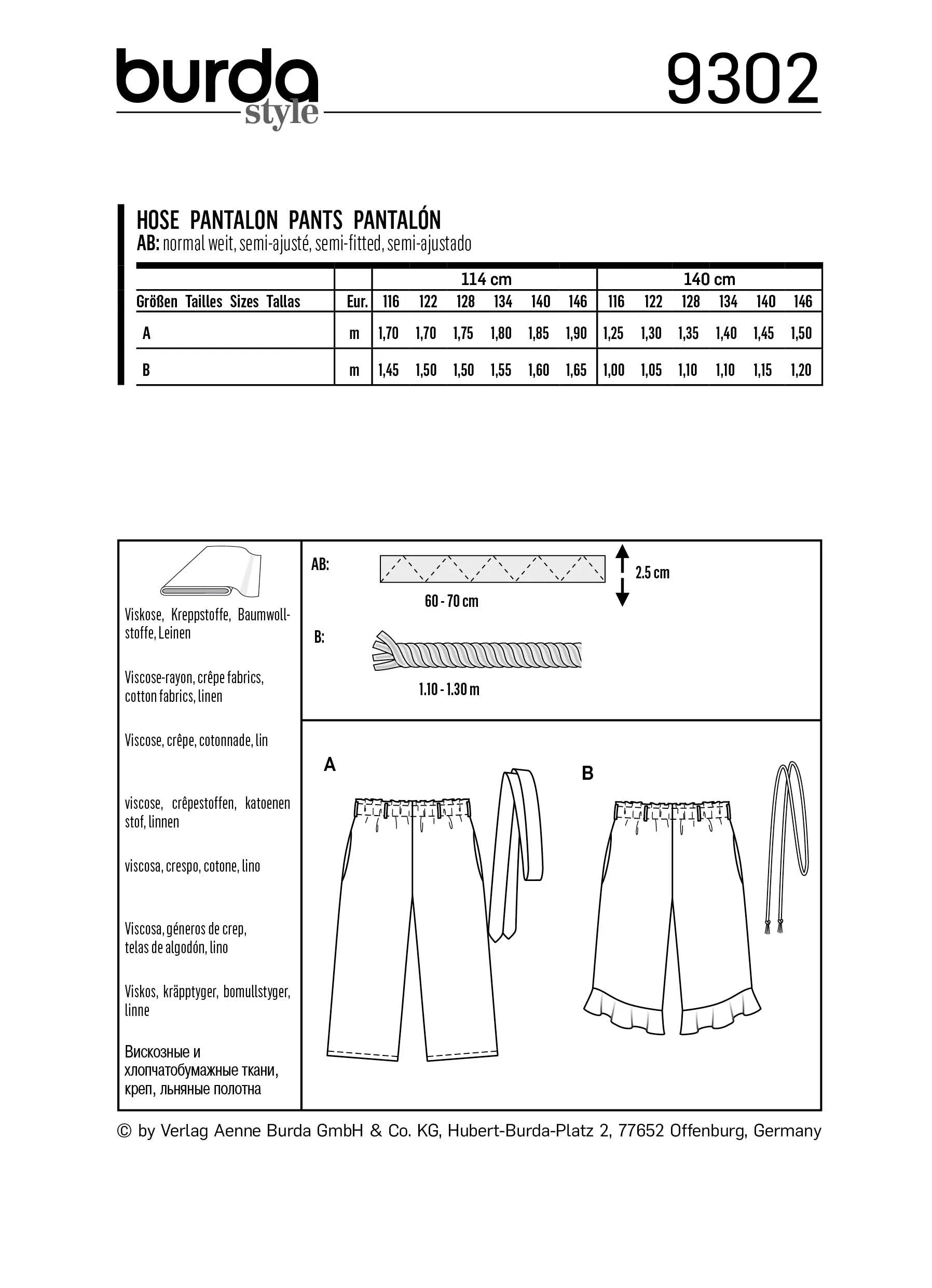 Burda Pattern 9302 Children's Pull-on Pants (6-11)