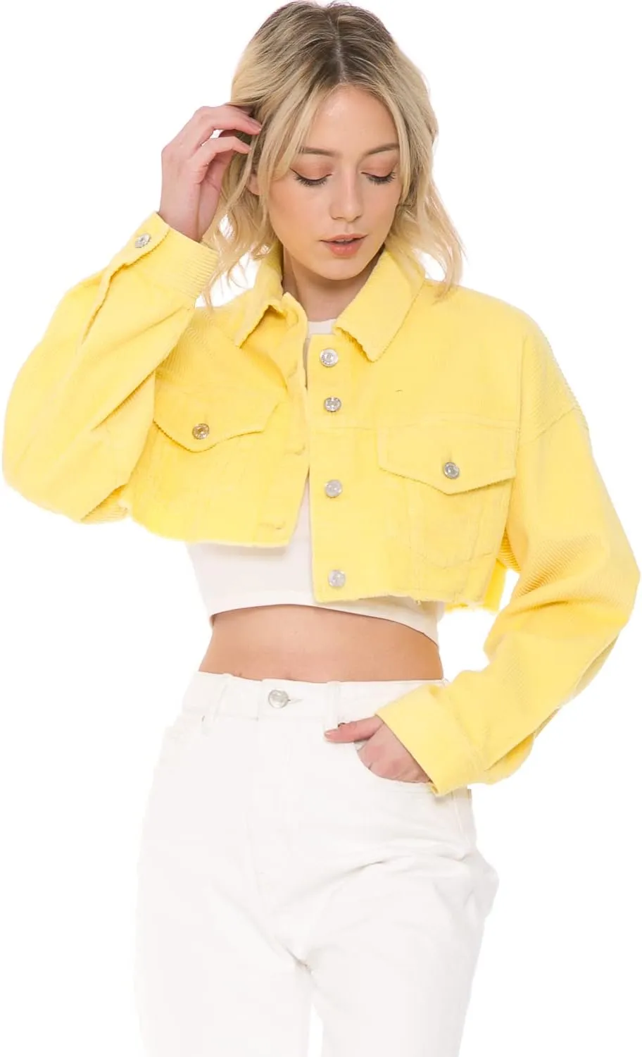 Cali1850 Women's Crop Denim Jacket - Casual Button Down Long Sleeve Cropped Jean Trucker Coat