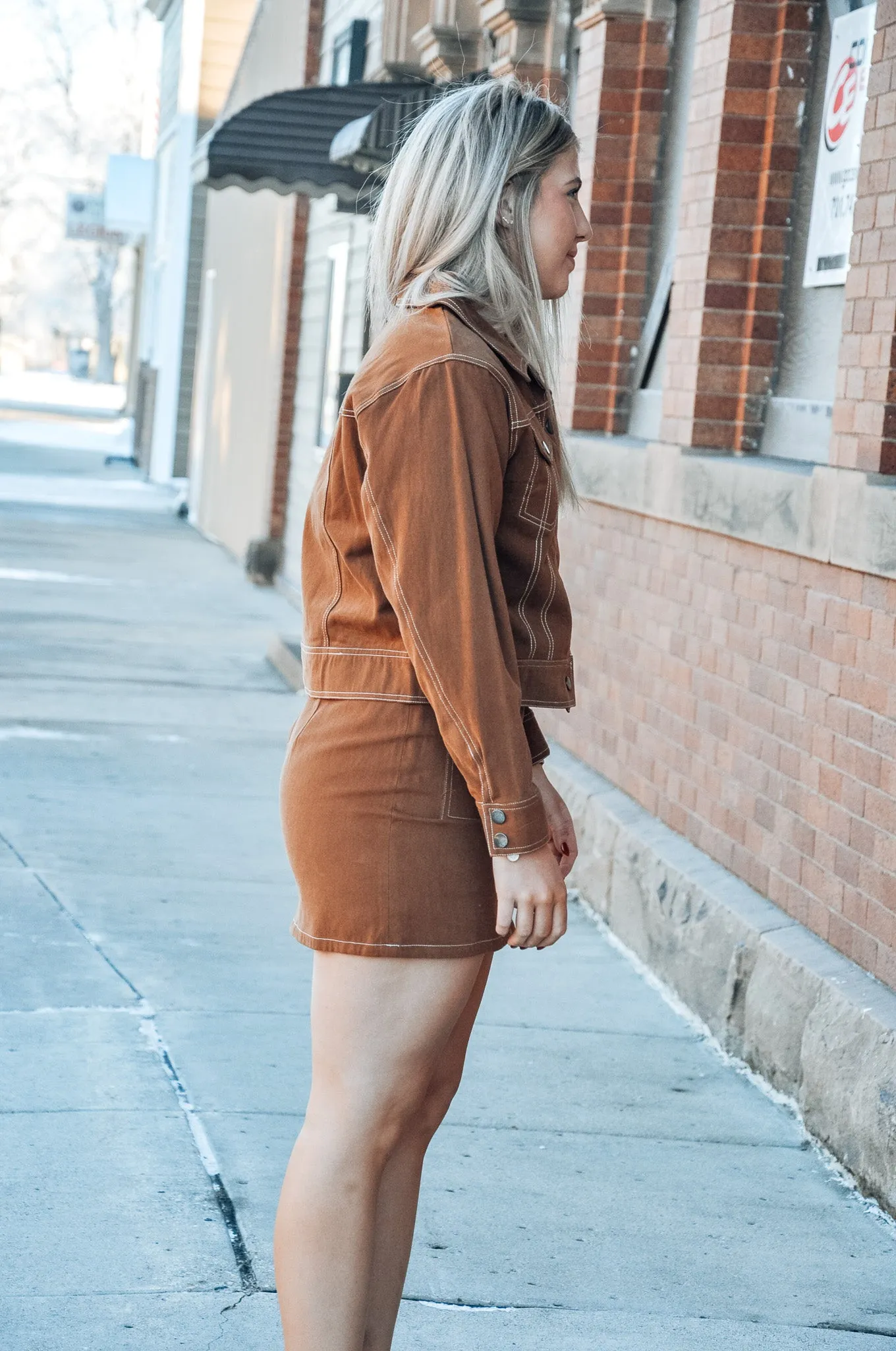 Camel Contrast Stitching Mini Skirt