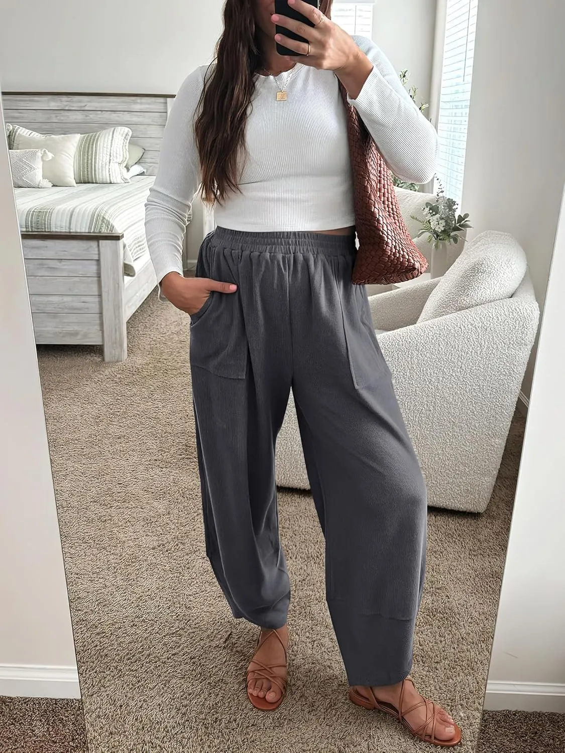 Caracilia Women Barrel Wide Leg Pants Casual Elastic Waist Loose Comfy Spring Vacation Travel Baggy Lounge Sweatpants