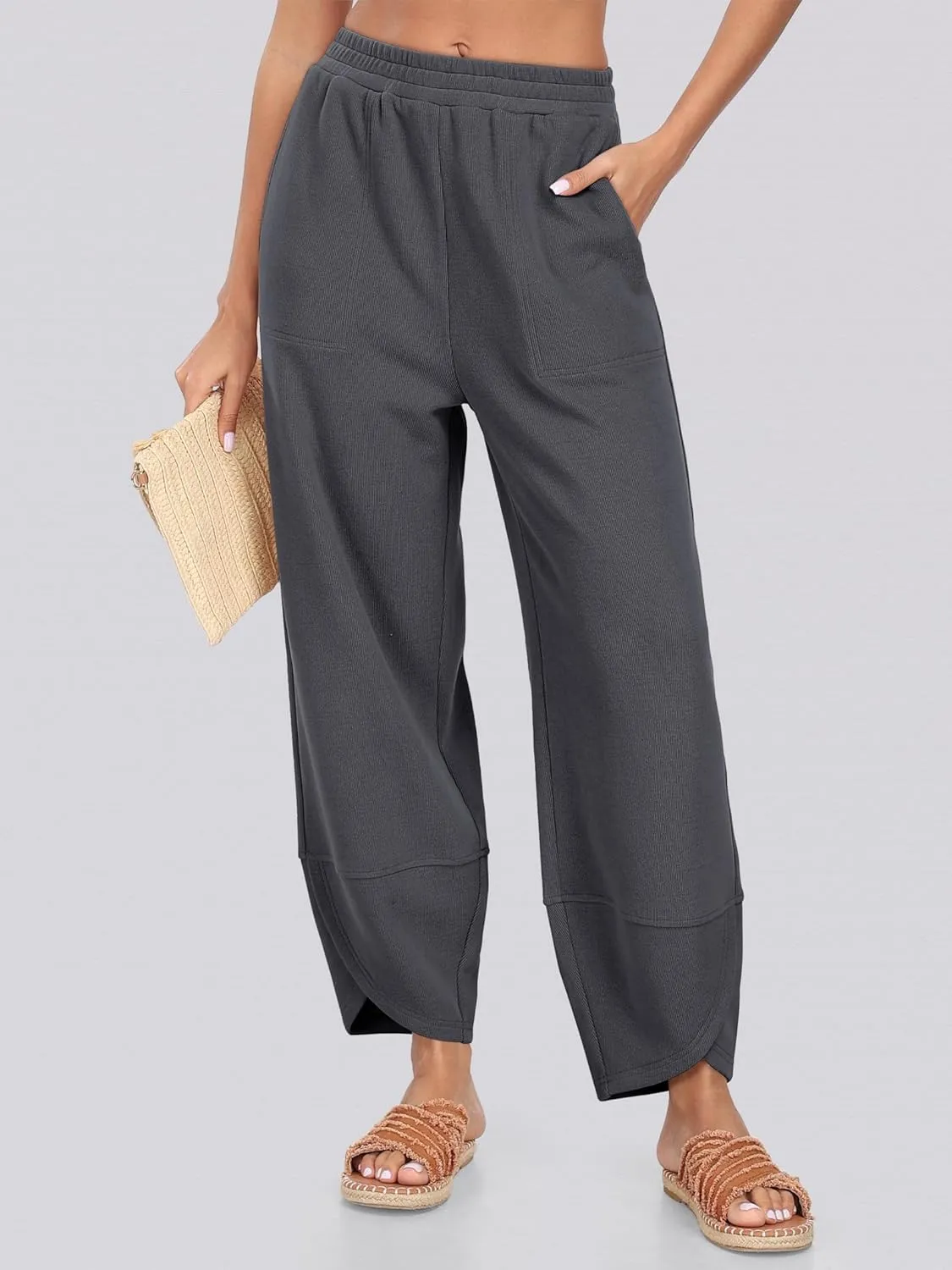 Caracilia Women Barrel Wide Leg Pants Casual Elastic Waist Loose Comfy Spring Vacation Travel Baggy Lounge Sweatpants