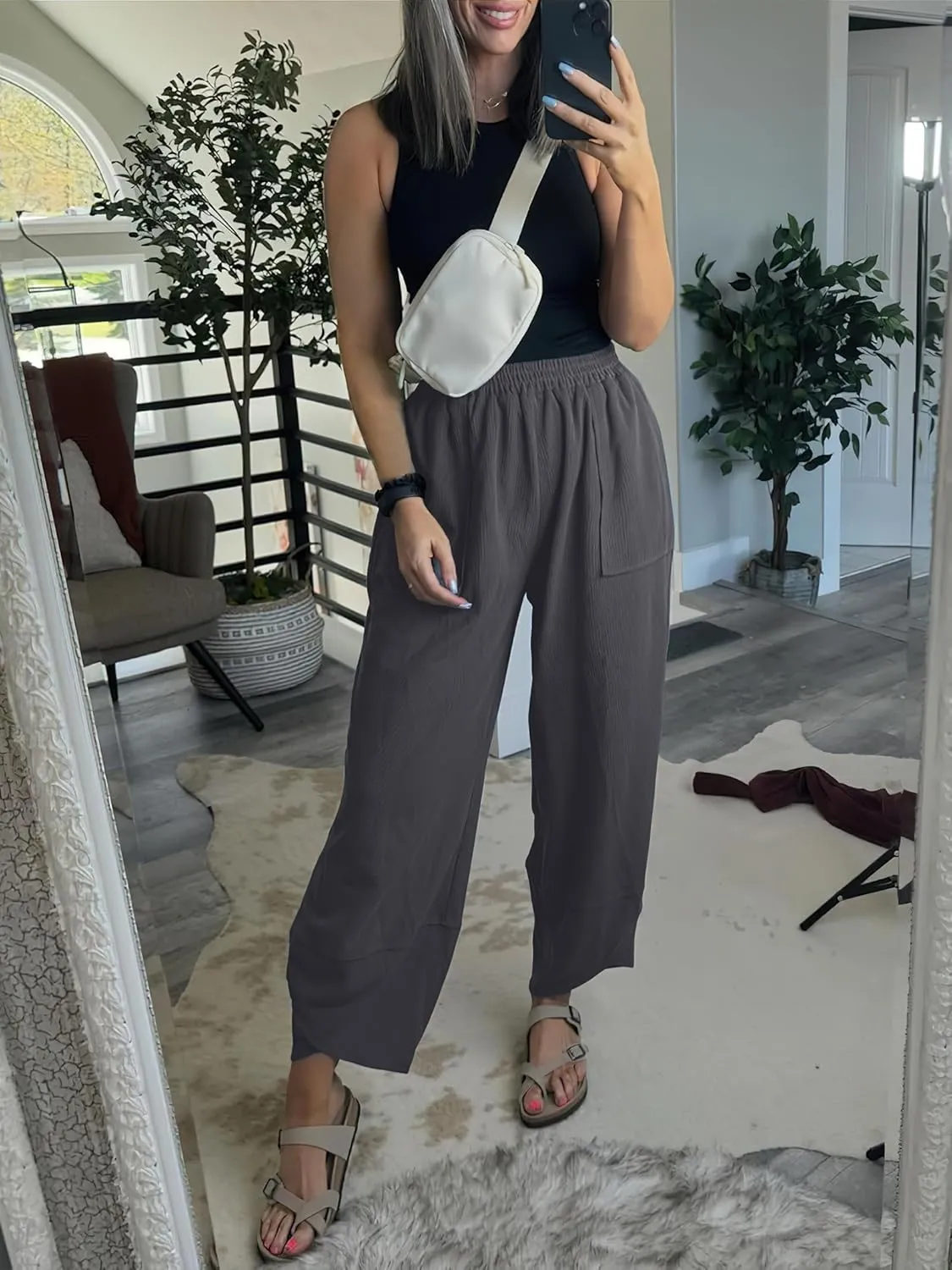 Caracilia Women Barrel Wide Leg Pants Casual Elastic Waist Loose Comfy Spring Vacation Travel Baggy Lounge Sweatpants