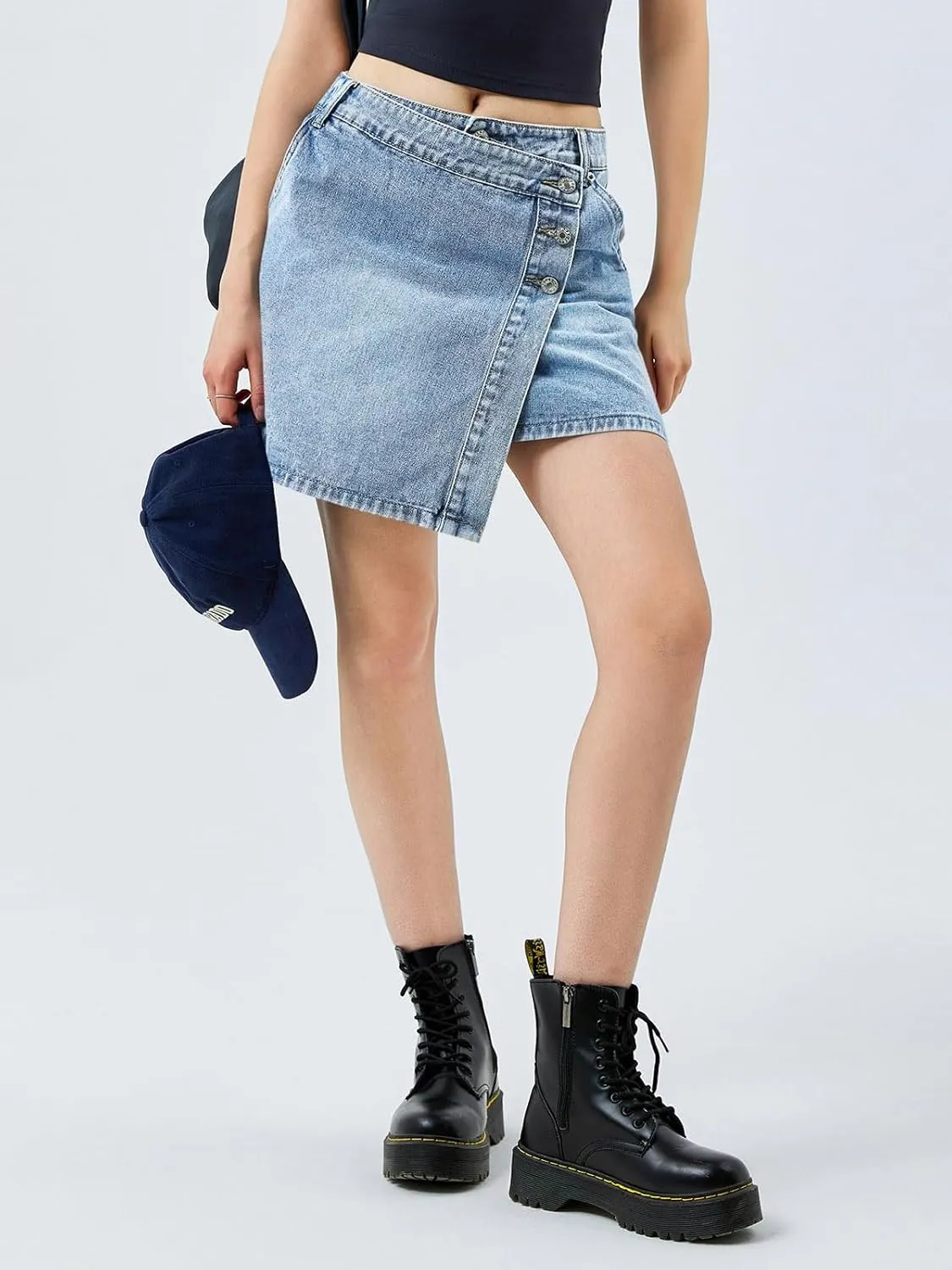 Cicy Bell Womens Denim Mini Skirt Casual Wrap Button Asymmetrical Hem Summer Jean Skirts