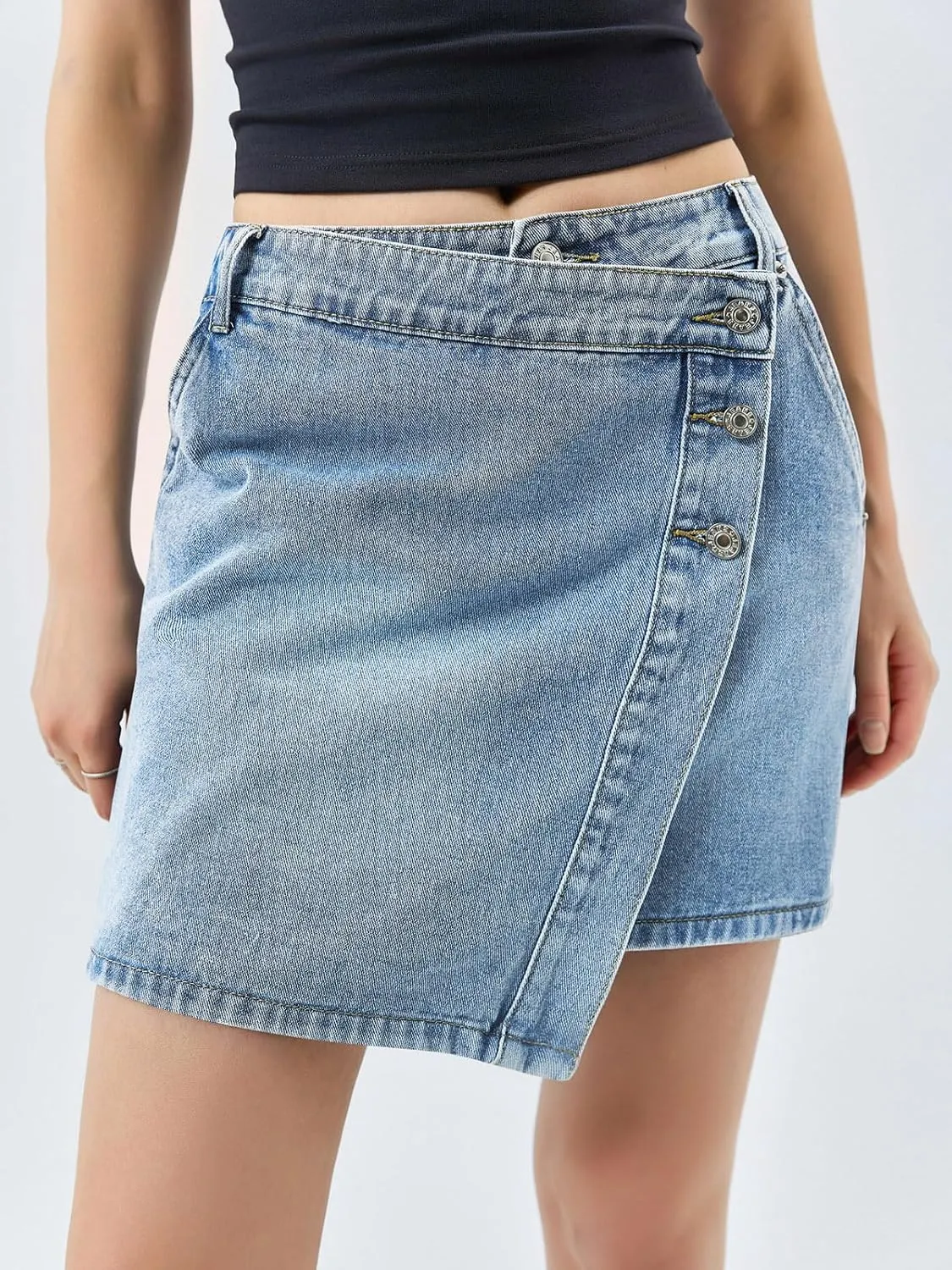 Cicy Bell Womens Denim Mini Skirt Casual Wrap Button Asymmetrical Hem Summer Jean Skirts