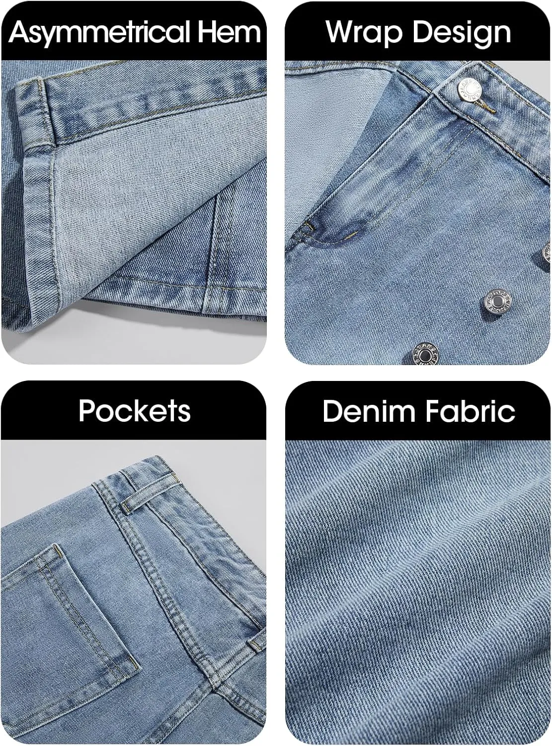 Cicy Bell Womens Denim Mini Skirt Casual Wrap Button Asymmetrical Hem Summer Jean Skirts
