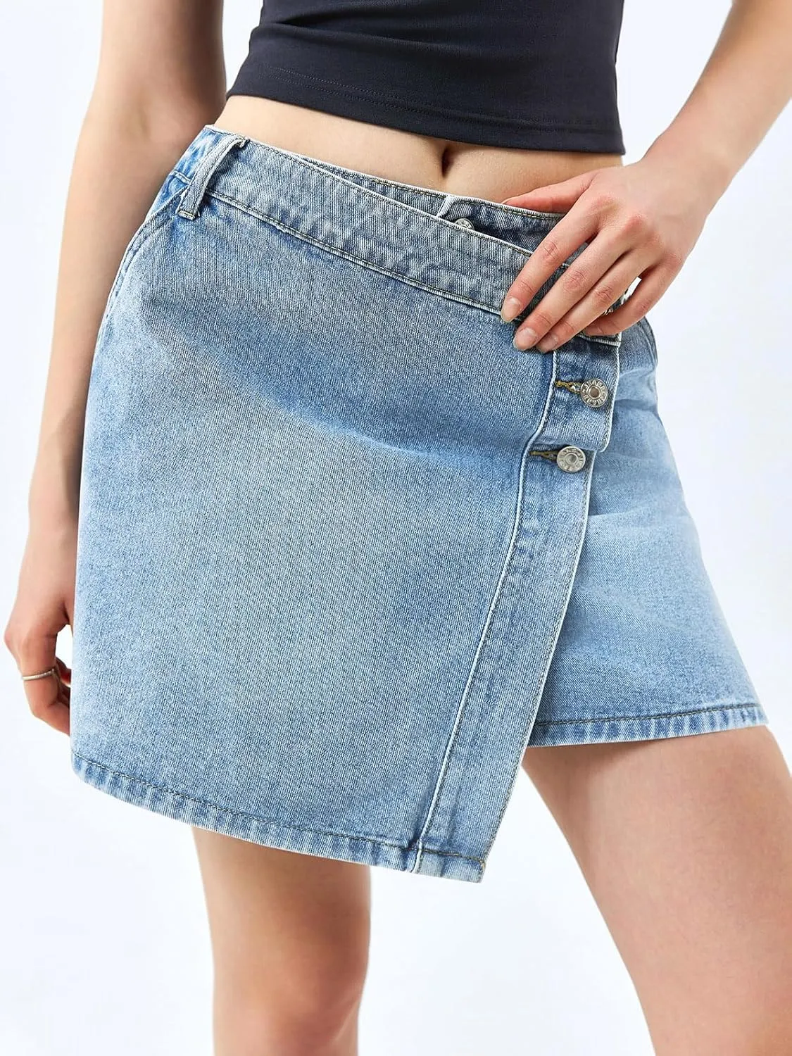 Cicy Bell Womens Denim Mini Skirt Casual Wrap Button Asymmetrical Hem Summer Jean Skirts