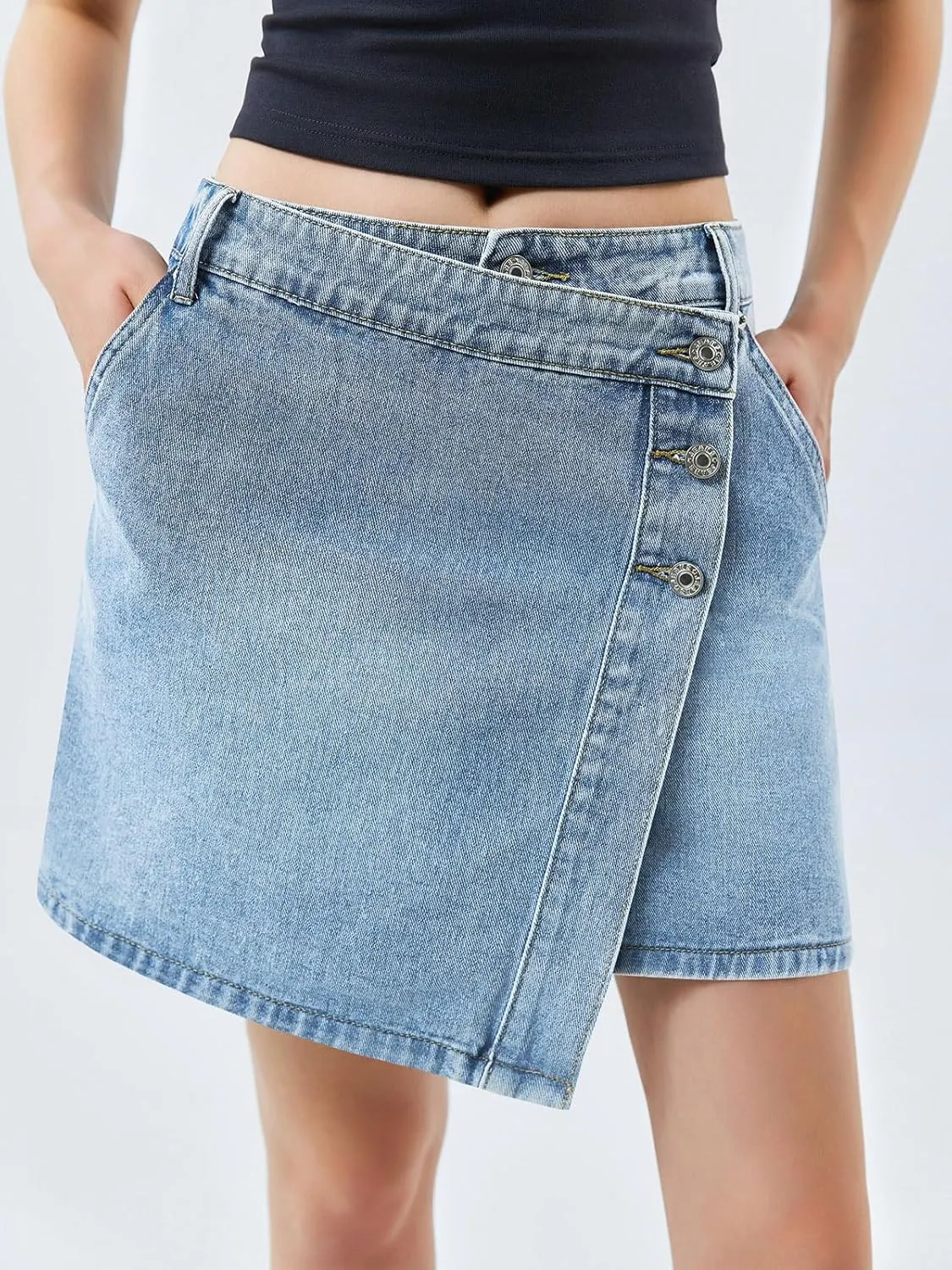 Cicy Bell Womens Denim Mini Skirt Casual Wrap Button Asymmetrical Hem Summer Jean Skirts