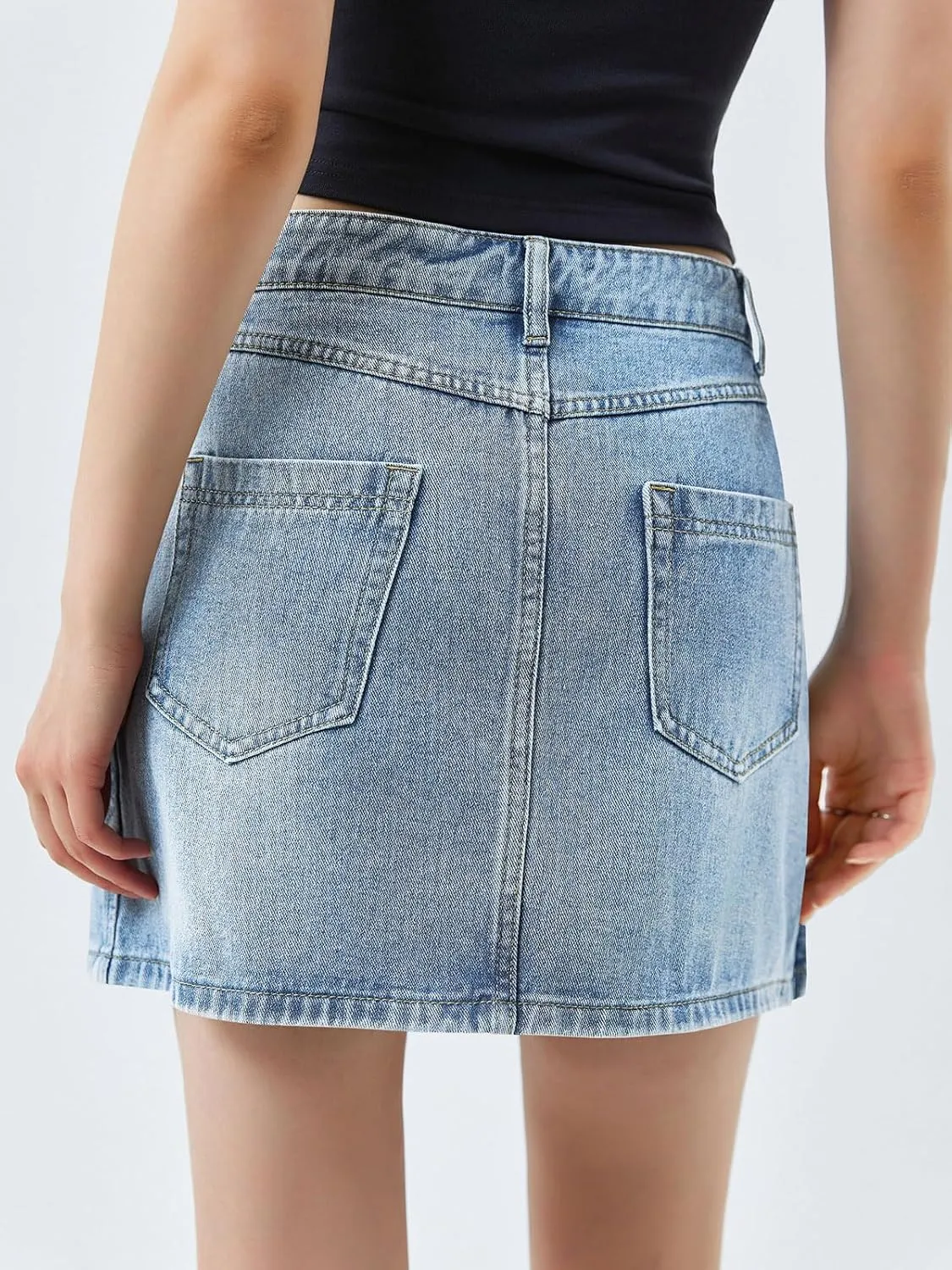 Cicy Bell Womens Denim Mini Skirt Casual Wrap Button Asymmetrical Hem Summer Jean Skirts