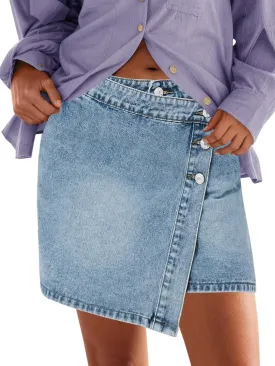 Cicy Bell Womens Denim Mini Skirt Casual Wrap Button Asymmetrical Hem Summer Jean Skirts