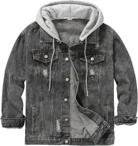 DOSLAVIDA Men's Distressed Denim Jacket Unisex Button Down Jean Coat Casual Long Sleeve Trucker Hooded Jackets Outwear