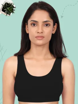 Double-Layer Broad Strap Cotton Yoga Bra | Non-Padded Solid Black Bra