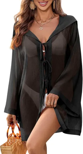 Fisoew Women Swimsuit Coverup Sheer V Neck Long Bell Sleeve Lightweight Cardigans Tie Front Hooded Beach Shirts