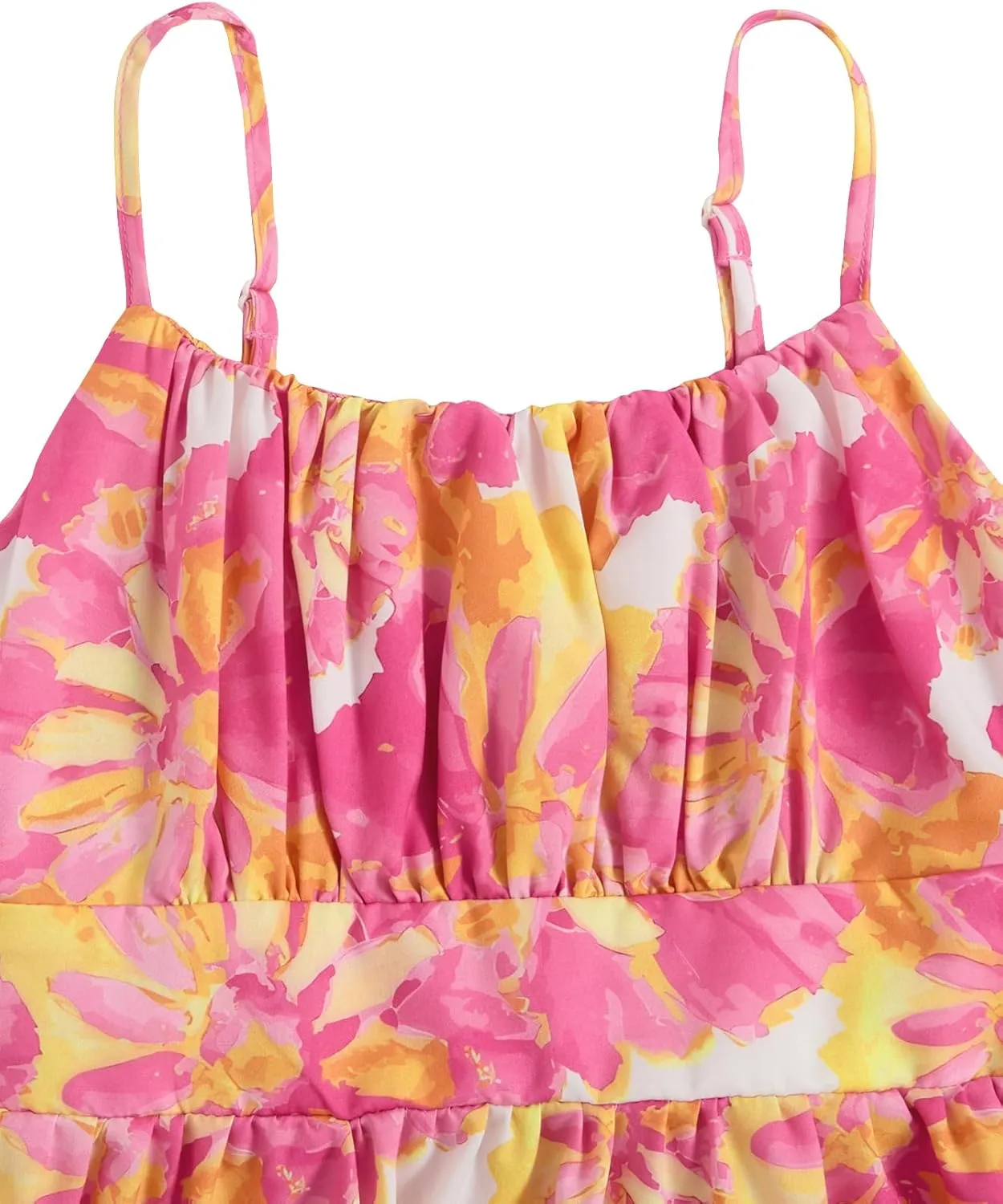Girl's Summer Dress Floral Ruffle Hem Spaghetti Strap Ruched Bust Cami Short Dress Sundress