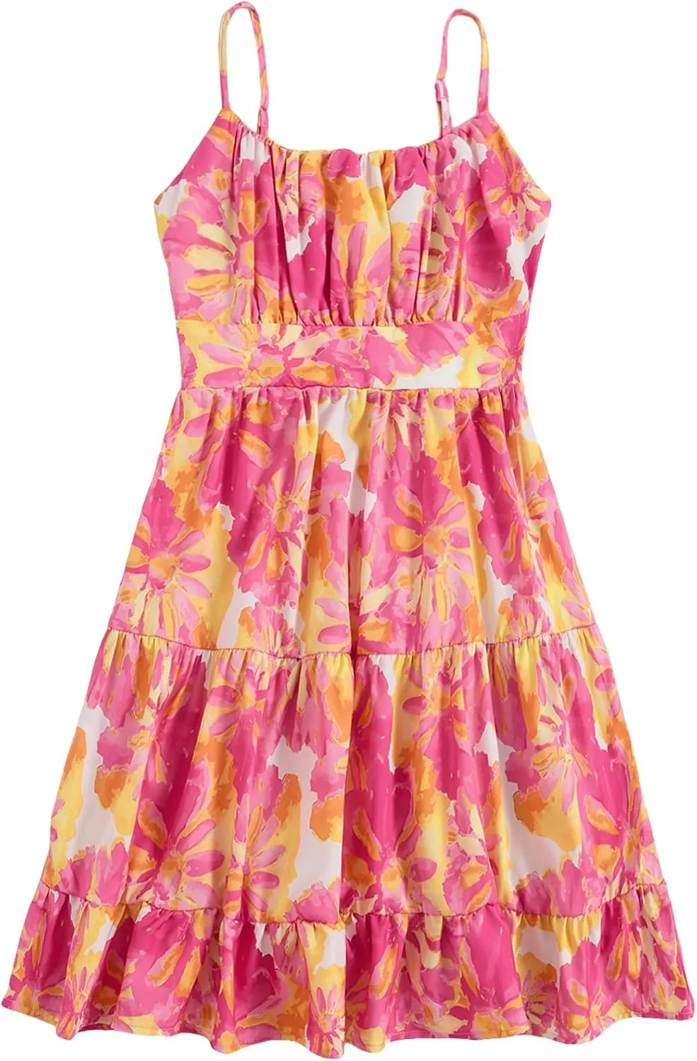 Girl's Summer Dress Floral Ruffle Hem Spaghetti Strap Ruched Bust Cami Short Dress Sundress