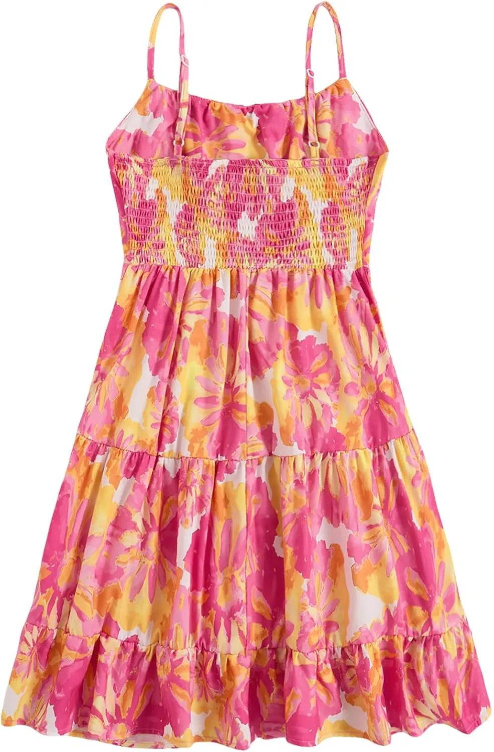 Girl's Summer Dress Floral Ruffle Hem Spaghetti Strap Ruched Bust Cami Short Dress Sundress