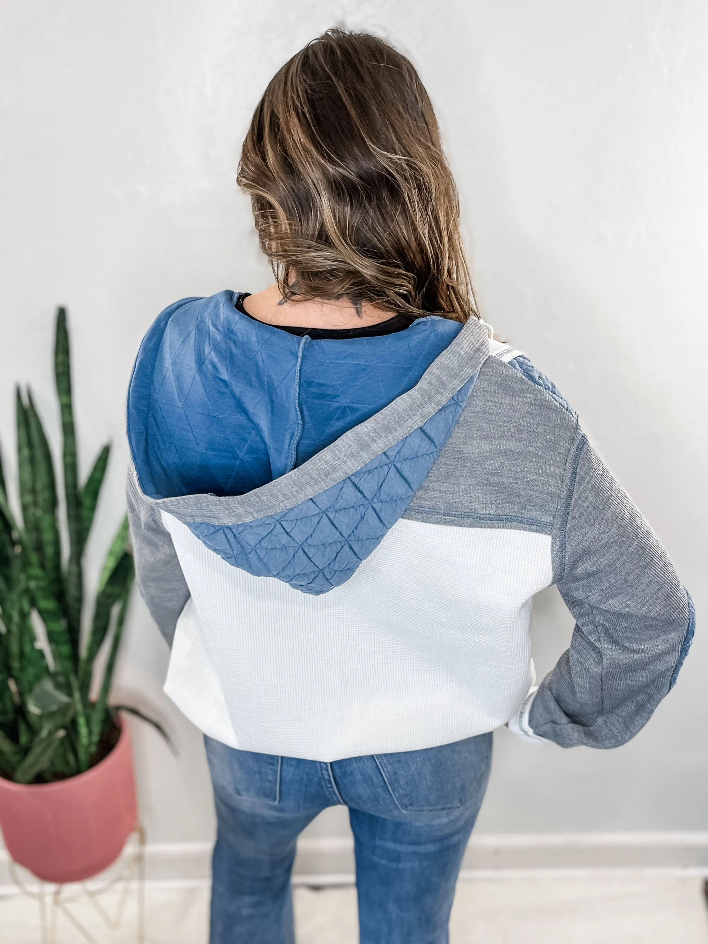 Grey Blue Textured Patchwork Jacket