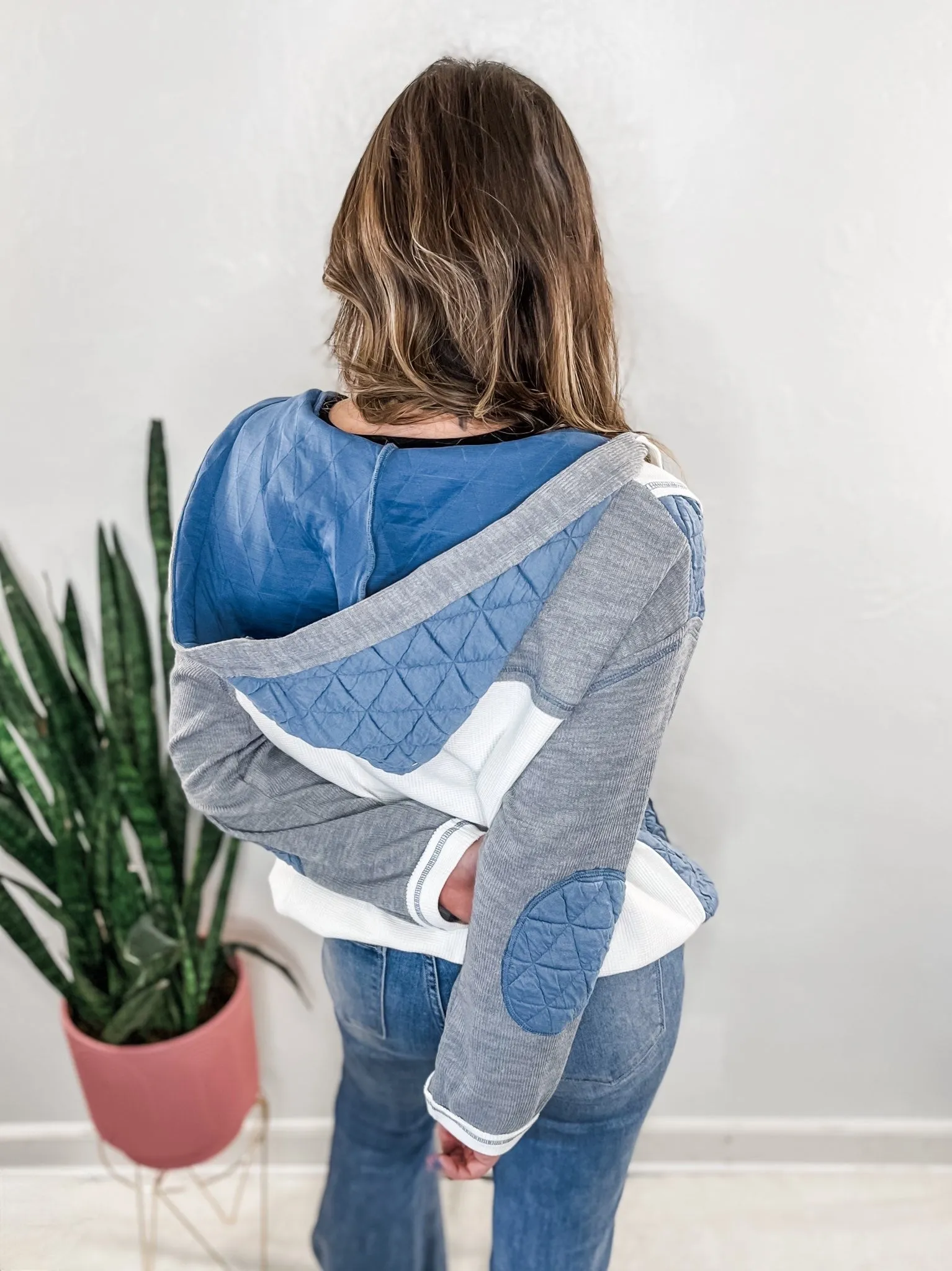 Grey Blue Textured Patchwork Jacket