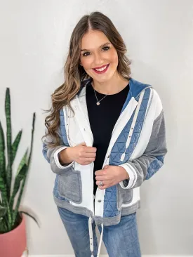Grey Blue Textured Patchwork Jacket