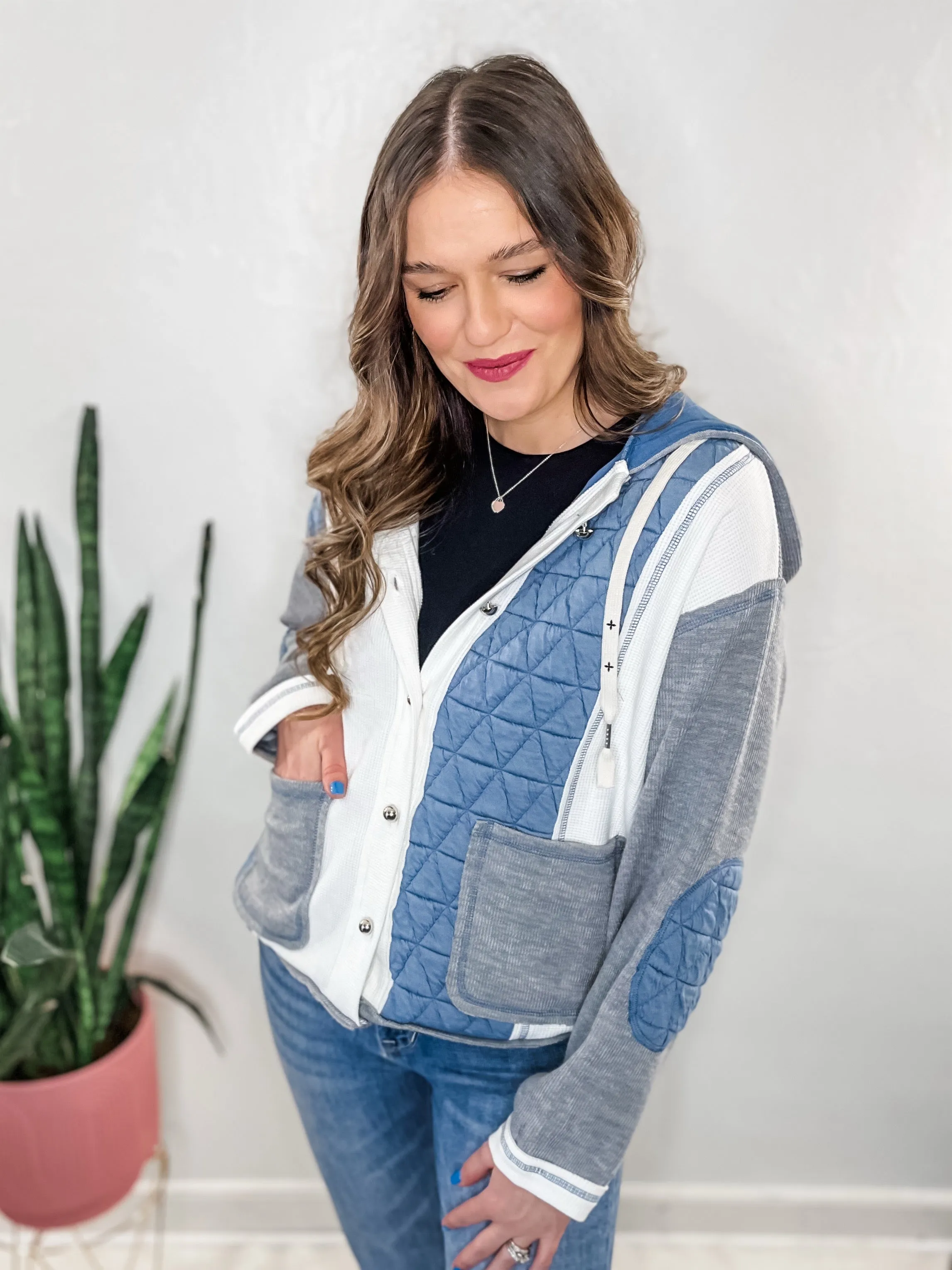 Grey Blue Textured Patchwork Jacket