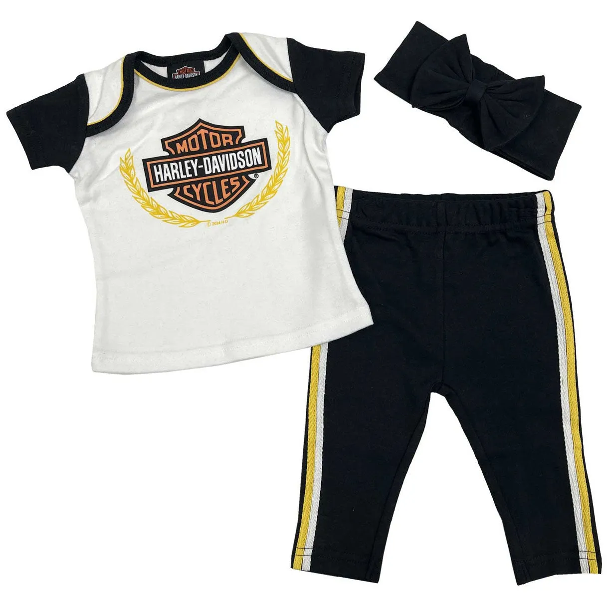 Harley-Davidson Baby Girls' Knit Newborn Shirt, Pants, Headband & Bag, Gift Set, Black/White