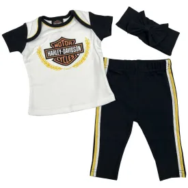 Harley-Davidson Baby Girls' Knit Newborn Shirt, Pants, Headband & Bag, Gift Set, Black/White