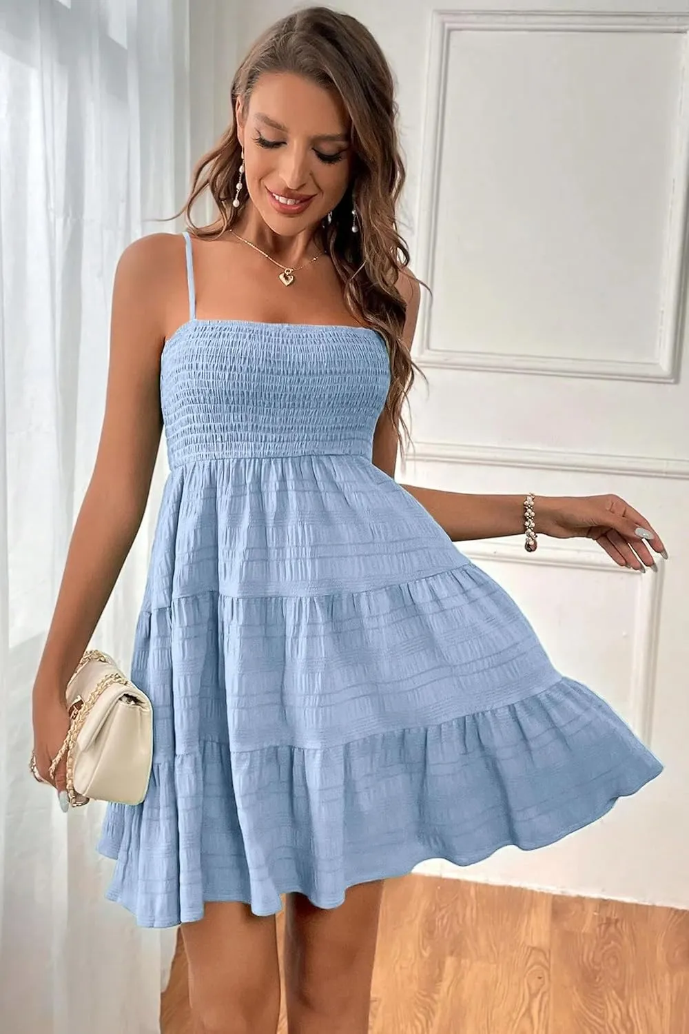 HVEPUO Women Spaghetti Strap Sleeveless Smock Cami Mini Dress Summer Vacation Flowy Boho A Line Swing Short Dresses for Women