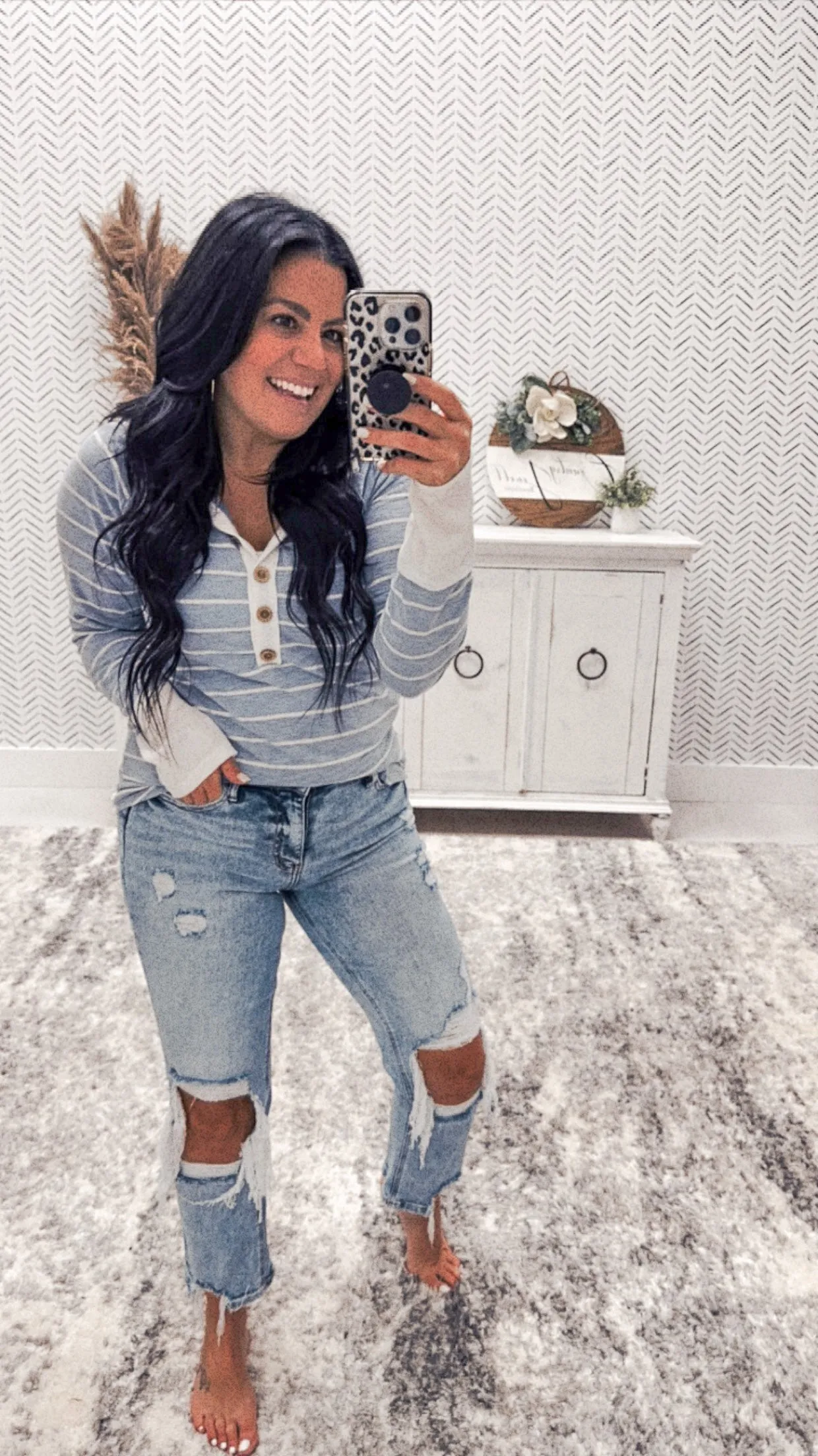 Ivory/Denim Striped Hoodie Top