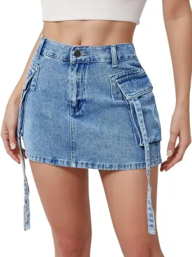 Jean Skirt for Women Denim Skirt Stretchy Y2K Cargo Skirt with Pockets Low Waist Jean Skirts