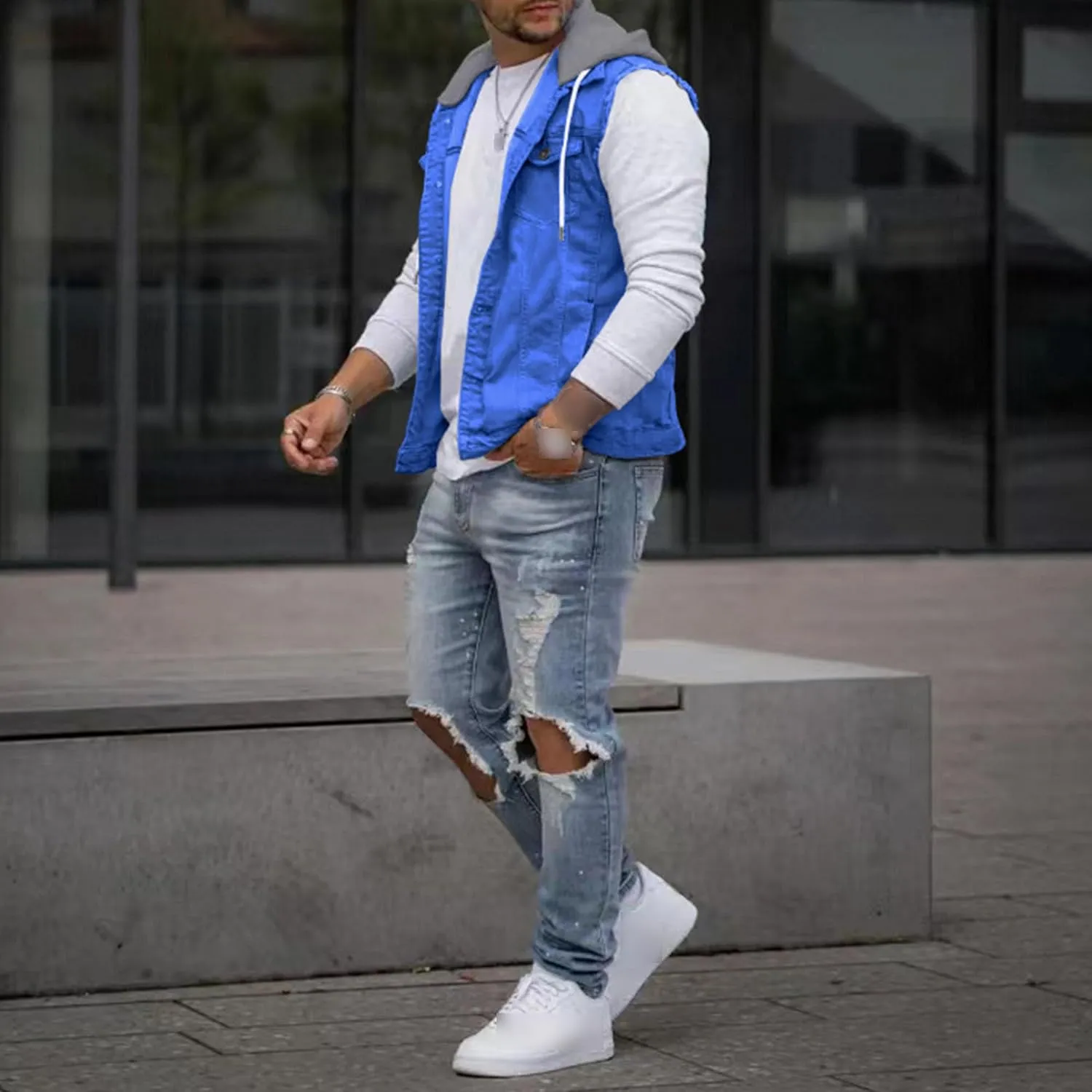 JEKE-DG Men's Fashion Button Down Jean Jacket Hooded Long Sleeve Denim Jackets Slim Fit Trucker Jean Coat