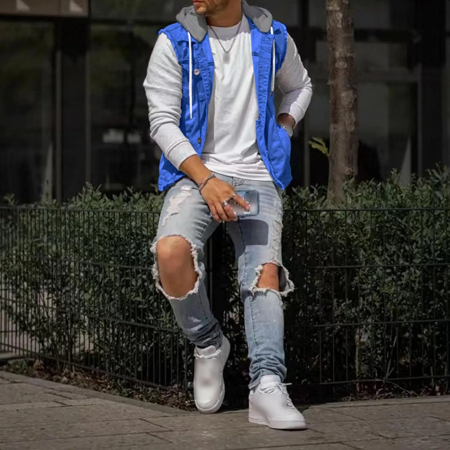 JEKE-DG Men's Fashion Button Down Jean Jacket Hooded Long Sleeve Denim Jackets Slim Fit Trucker Jean Coat