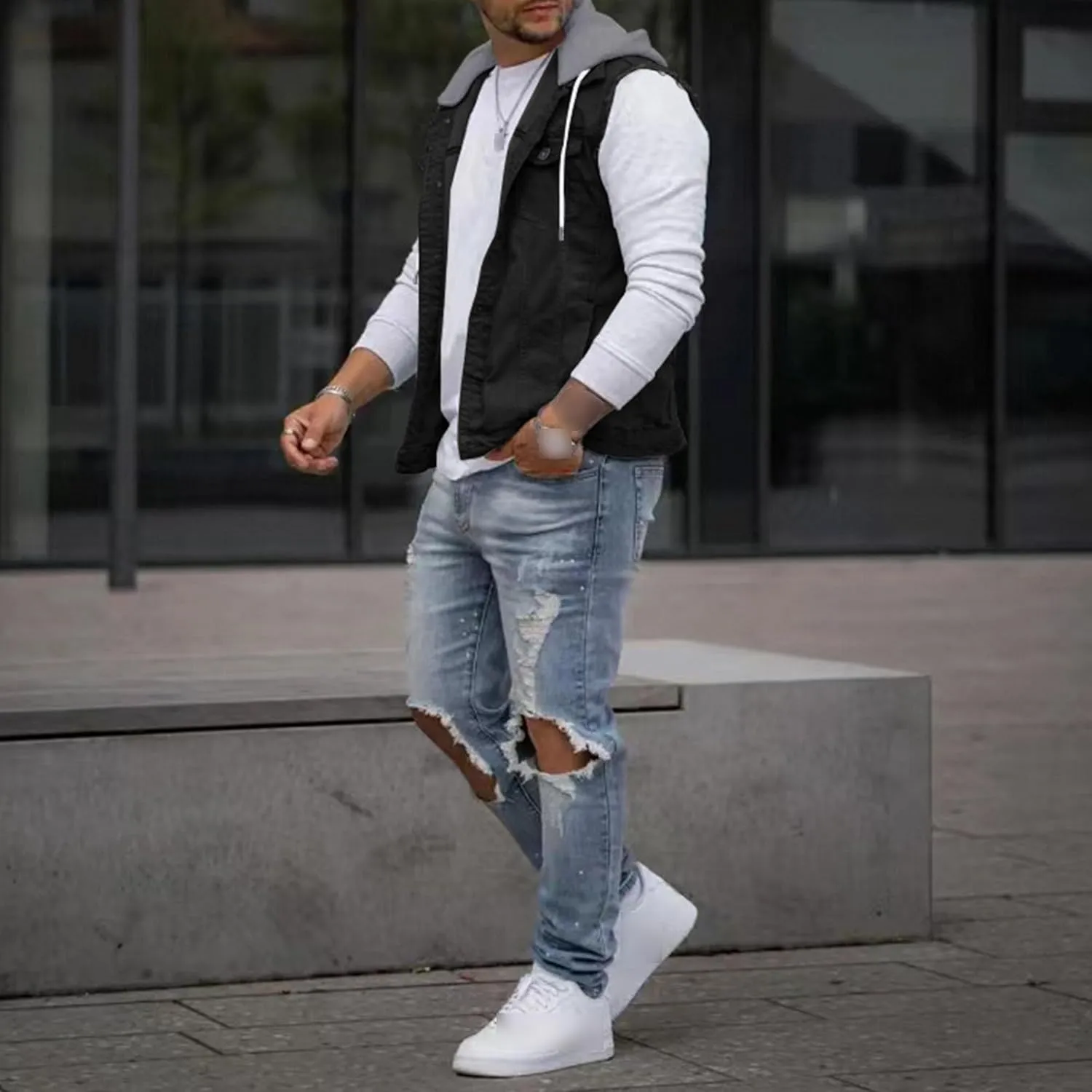 JEKE-DG Men's Fashion Button Down Jean Jacket Hooded Long Sleeve Denim Jackets Slim Fit Trucker Jean Coat
