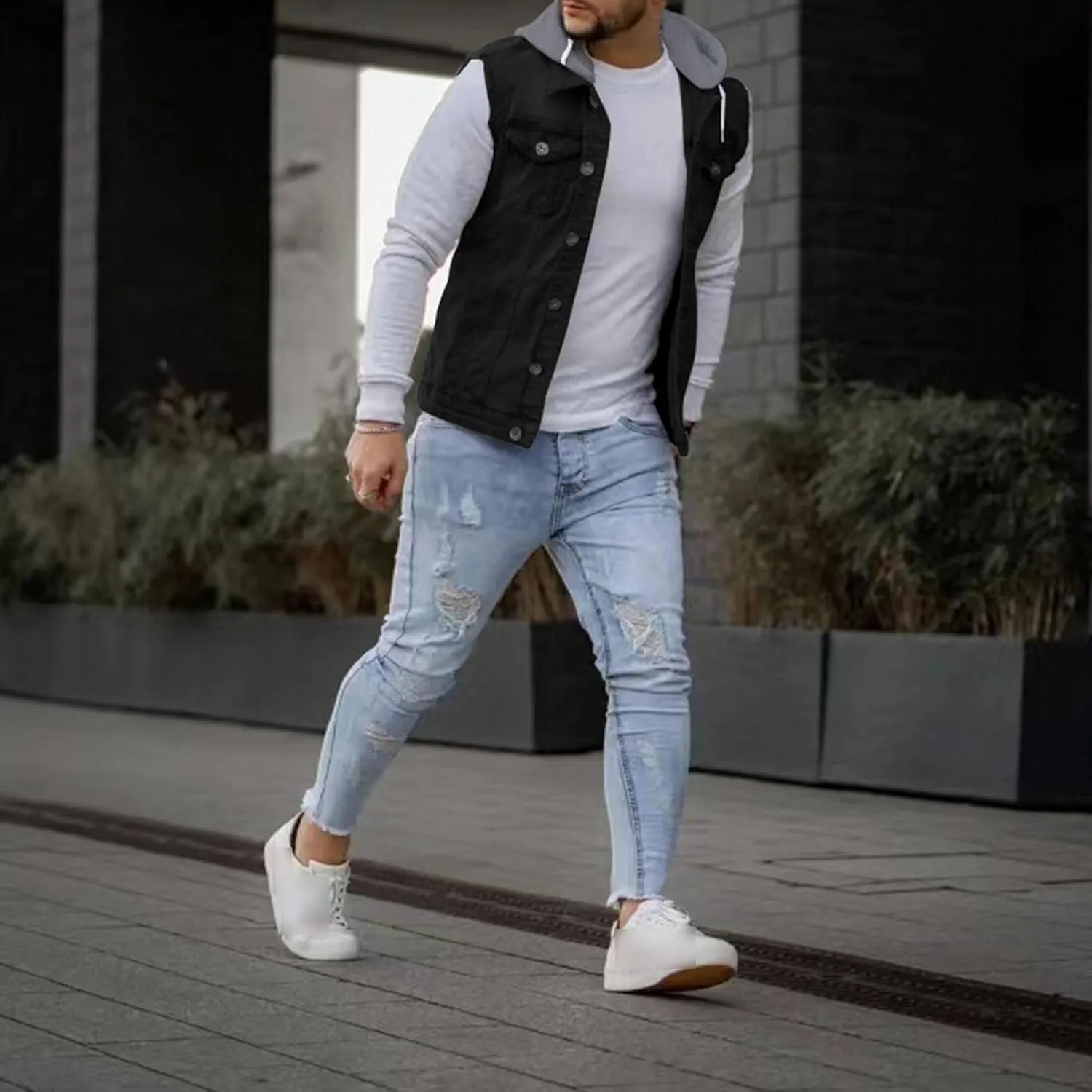 JEKE-DG Men's Fashion Button Down Jean Jacket Hooded Long Sleeve Denim Jackets Slim Fit Trucker Jean Coat